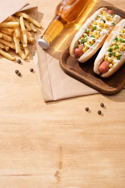 Delicious Hot Dogs Corn Green Onion Mayonnaise Beer French Fries — Stock Photo, Image