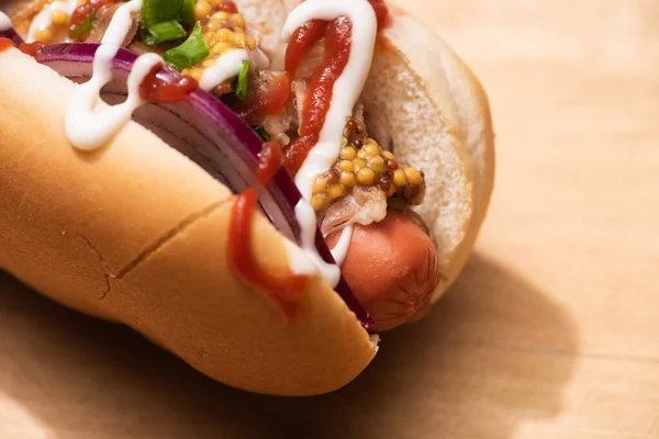 Close View Delicious Hot Dog Red Onion Bacon Dijon Mustard — Stock Photo, Image