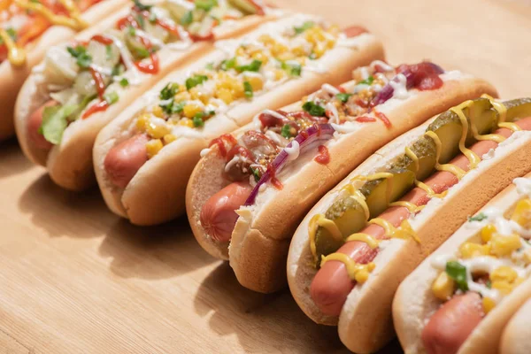 Selective Focus Fresh Various Delicious Hot Dogs Vegetables Sauces Wooden — Stock Photo, Image