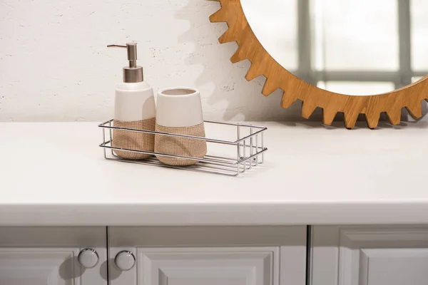 Dispenser Liquid Soap Toothbrush Holder Shelf Mirror Wall Bathroom Zero — Stock Photo, Image
