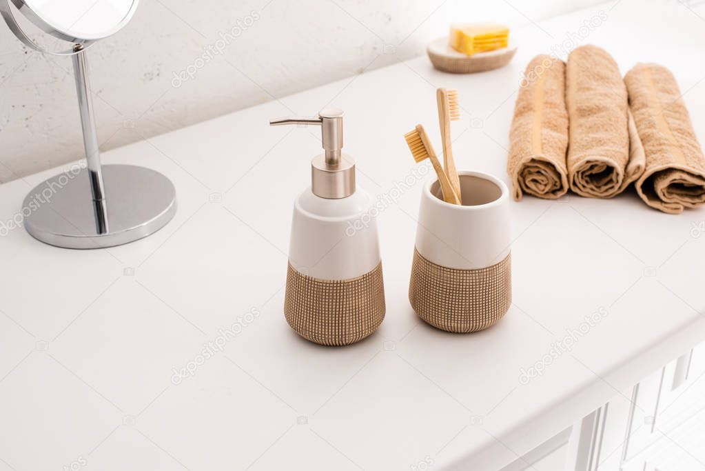 Selective focus of hygiene objects in bathroom, zero waste concept