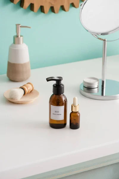 Selective Focus Eco Body Cream Cosmetic Oil Hygiene Objects Bathroom — Stock Photo, Image