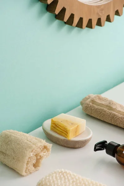 Selective Focus Loofah Bottle Eco Body Cream Soap Towel Bathroom — Stock Photo, Image
