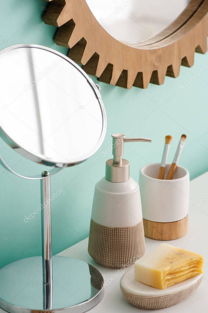 Hygiene objects and mirrors in bathroom, zero waste concept