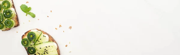 Tohumlu Taze Salatalık Tostlarının Üst Görüntüsü Beyaz Arkaplanda Nane Panoramik — Stok fotoğraf