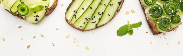 Top View Fresh Cucumber Toasts Seeds Mint Leaves White Background — Stock Photo, Image