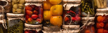 top view of delicious homemade tasty pickles, panoramic shot clipart