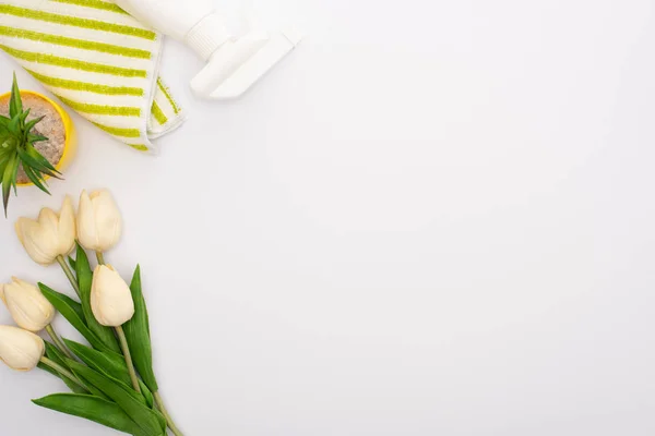 Top View Spring Tulips Houseplant Cleaning Supplies White Background — Stock Photo, Image