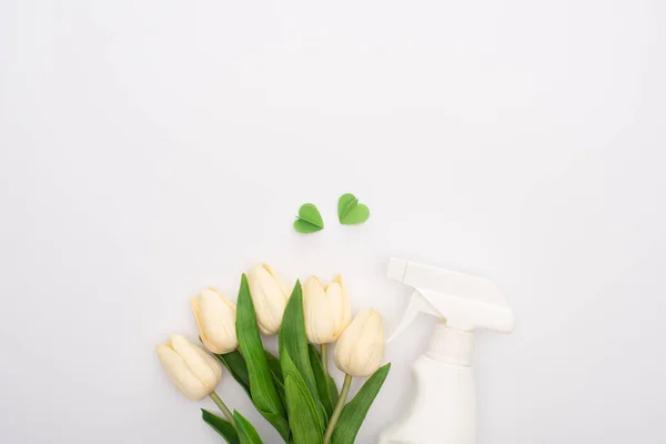 Vista Superior Los Tulipanes Primavera Corazones Verdes Cerca Del Detergente — Foto de Stock