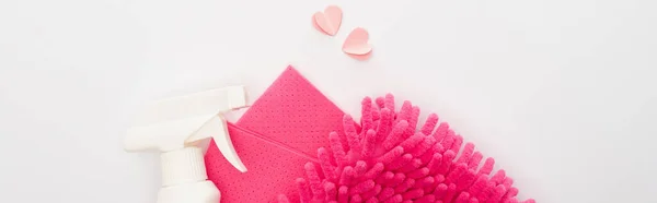 Top View Pink Cleaning Supplies Hearts White Background Panoramic Shot — Stock Photo, Image