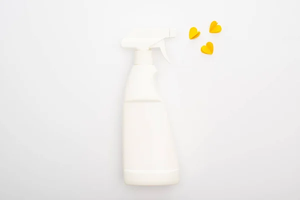 Top View Spray Bottle Yellow Hearts White Background — Stock Photo, Image