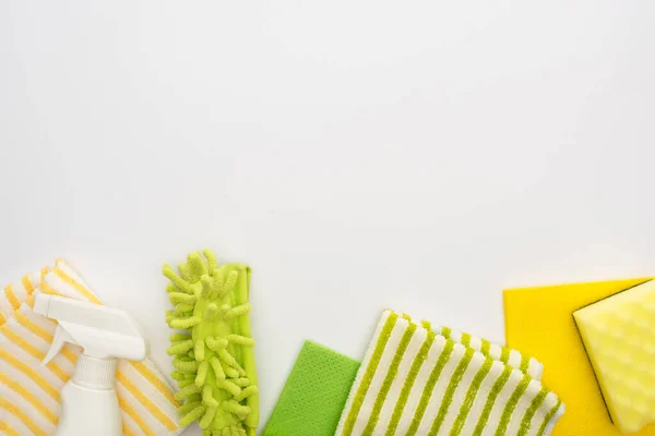 Top View Green Yellow Cleaning Supplies White Background — Stock Photo, Image
