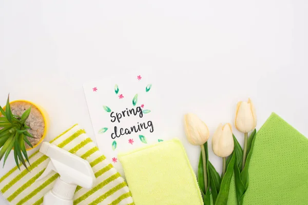Top View Spring Tulips Green Plant Cleaning Supplies Spring Cleaning — Stock Photo, Image