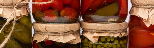 Close View Homemade Delicious Pickles Jars Panoramic Shot — Stock Photo, Image