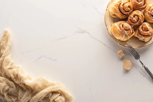 Top View Fresh Homemade Cinnamon Rolls Marble Surface Brown Sugar — Stock Photo, Image