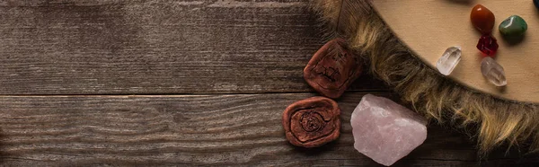 Top View Crystals Clay Amulets Tambourine Wooden Surface Panoramic Shot — Stock Photo, Image