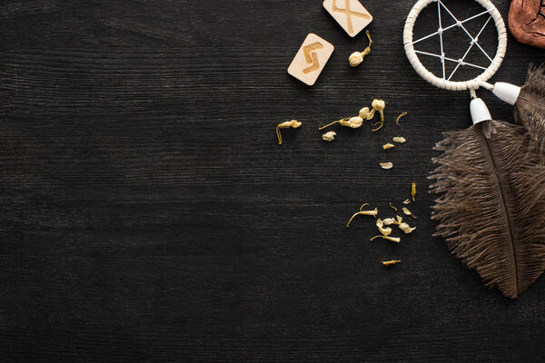 Top view of shamanic dreamcatcher, dry flowers and runes with signs on dark wooden surface