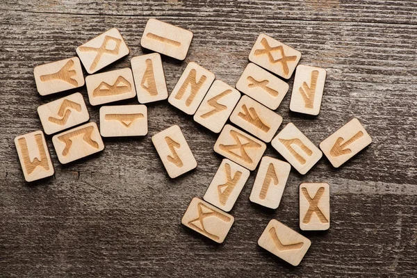 Top View Signs Runes Wooden Background — Stock Photo, Image