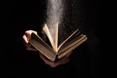 cropped view of woman holding holy bible with dust on black background clipart