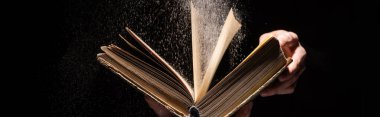 cropped view of woman holding holy bible with dust on black background, panoramic shot clipart