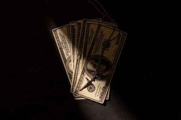 Top View Money Cross Dark Background Sunlight — Stock Photo, Image