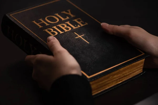 Cropped View Woman Holding Holy Bible Dark — Stock Photo, Image