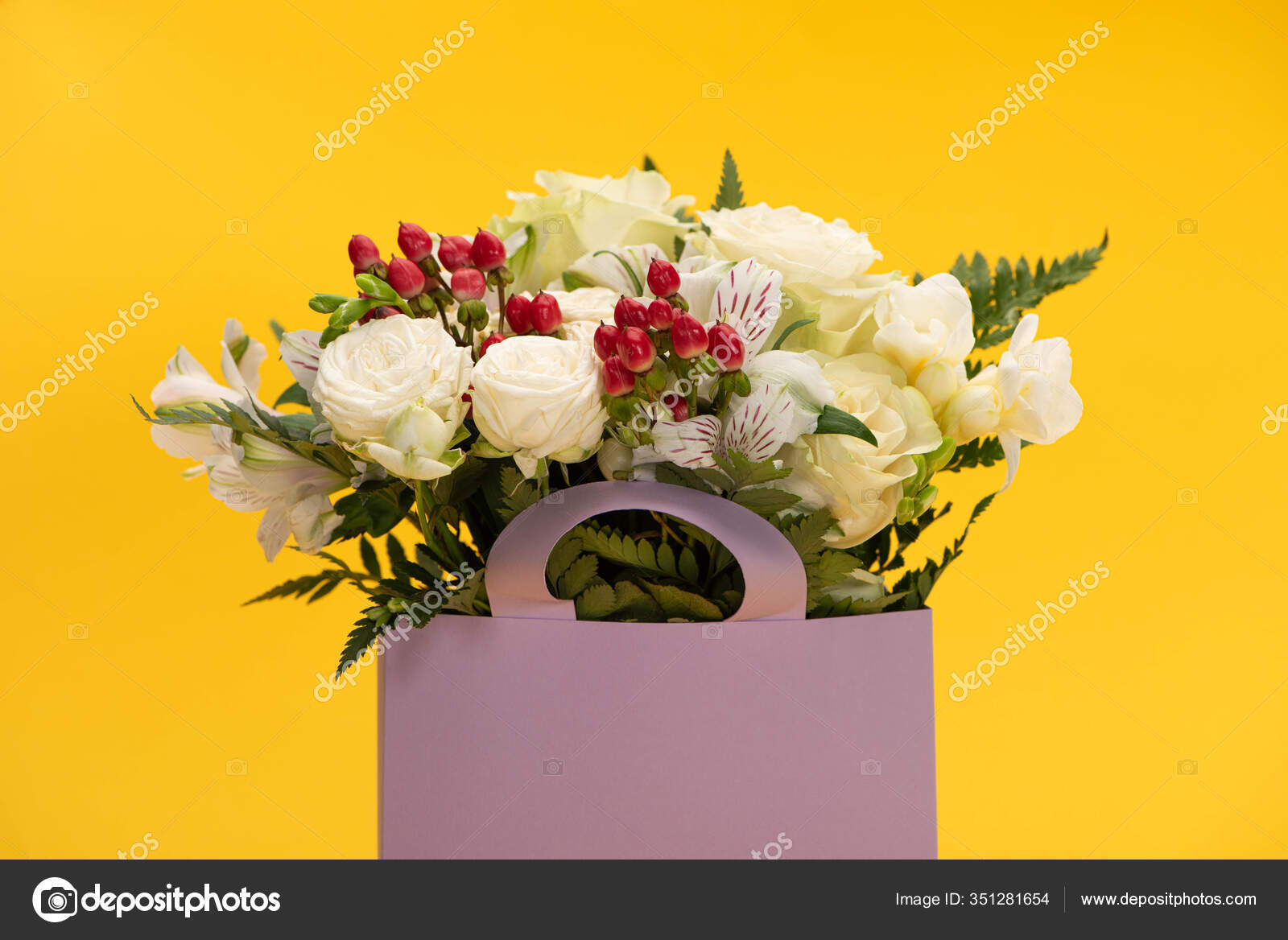 Spring Fresh Bouquet Flowers Violet Paper Bag Isolated Yellow Stock Photo  by ©VadimVasenin 351281654