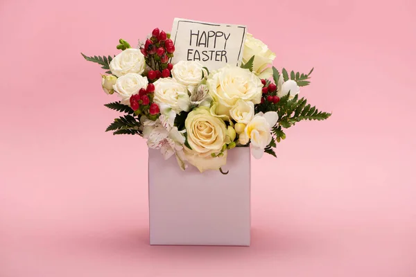 Bouquet Flowers Festive Gift Box Happy Easter Greeting Card Pink — Stock Photo, Image