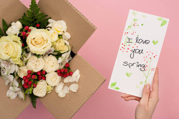 Abgeschnittene Ansicht Von Frau Hält Ich Liebe Dich Frühling Karte — Stockfoto