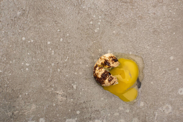 top view of smashed quail egg on grey concrete background