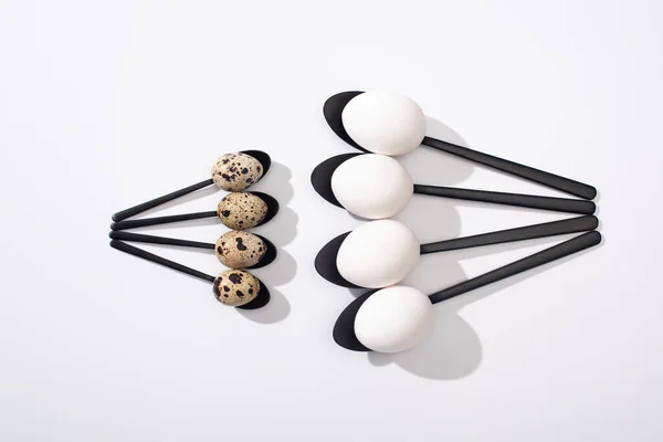 Beyaz Yüzeyde Siyah Kaşıklarda Tavuk Bıldırcın Yumurtalarının Üst Görüntüsü — Stok fotoğraf