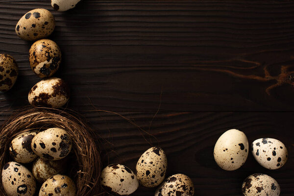 top view of quail eggs in nest and on dark wooden background