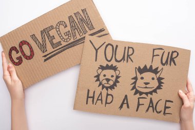 partial view of woman holding cardboard signs with go vegan and your fur had face inscriptions on white background clipart