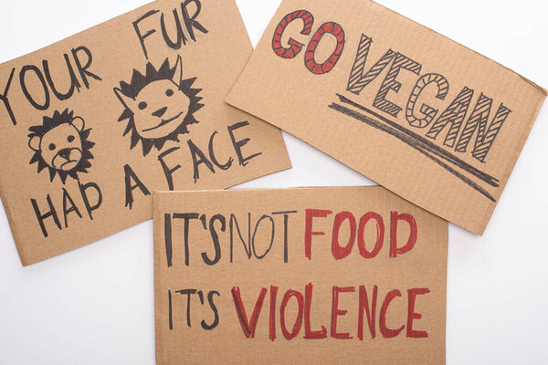 cardboard signs with go vegan, your fur had a face and its not food its violence inscriptions on white background