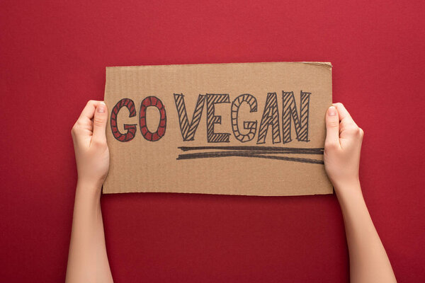 partial view of woman holding cardboard sign with go vegan inscription on red background