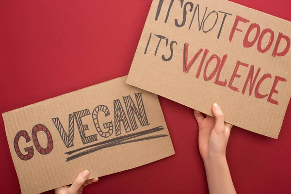 Partial View Woman Holding Cardboard Signs Vegan Its Food Its — Stock Photo, Image