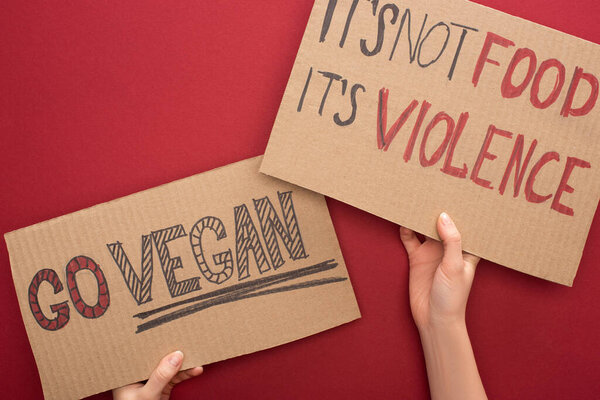 partial view of woman holding cardboard signs with go vegan and its not food its violence inscriptions on red background