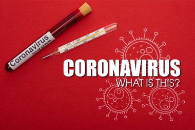 Kan örneğiyle test tüpünün üst görüntüsü ve koronavirüslü termometre, kırmızı arkaplanda nasıl bir görüntü var?