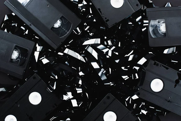 Vista Superior Los Casetes Vhs Tira Película Negra — Foto de Stock