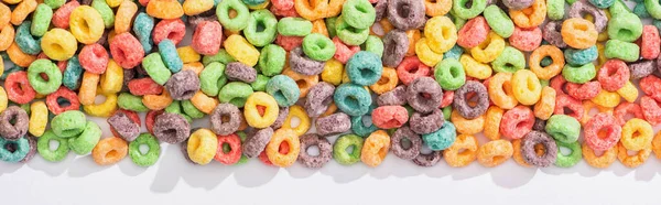 Top View Bright Multicolored Breakfast Cereal White Background Panoramic Shot — Stock Photo, Image