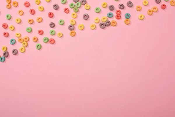 Top View Bright Colorful Breakfast Cereal Scattered Pink Background — Stock Photo, Image