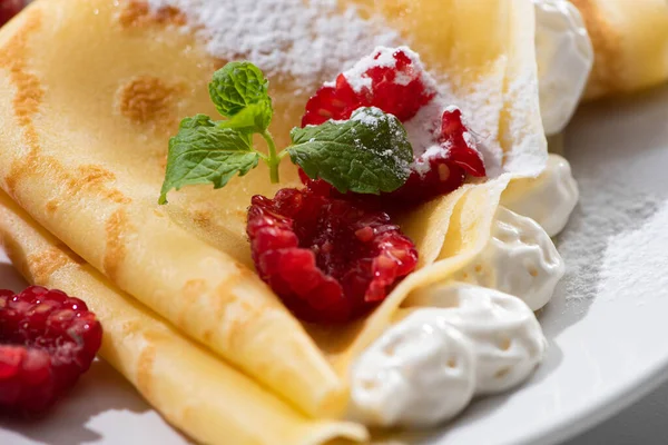 Close View Tasty Crepes Raspberries Whipped Cream Plate — Stock Photo, Image