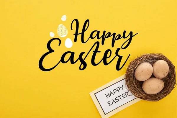 Top View Greeting Card Happy Easter Lettering Chicken Eggs Nest — 스톡 사진