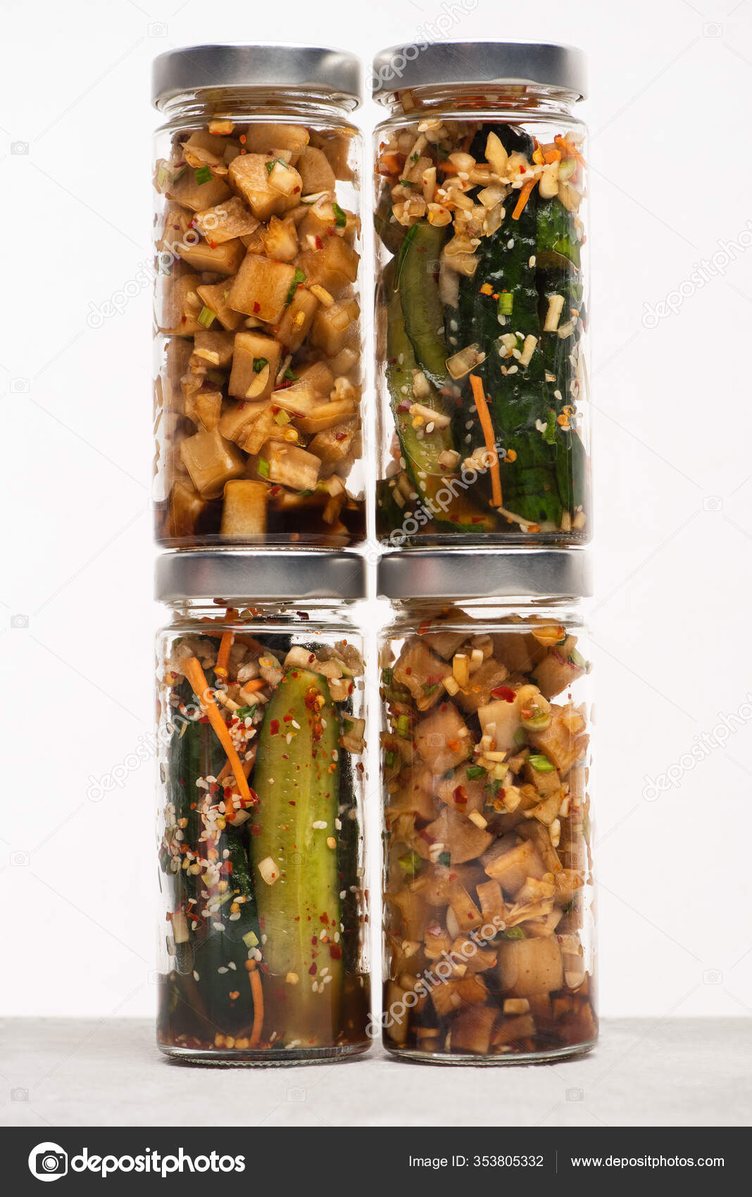Cucumber Daikon Radish Kimchi Glass Jars Isolated White Stock Photo by