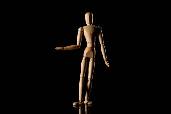 Wooden Doll Imitating Pointing Hand Black Background — Stock Photo, Image