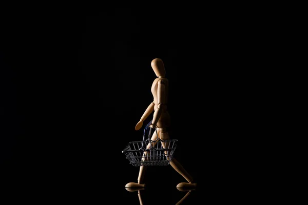 Wooden Doll Imitating Walking Shopping Basket Black Background — Stock Photo, Image