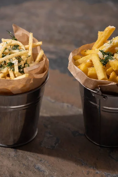 Buckets Crispy French Fries Marble Surface — Stock Photo, Image