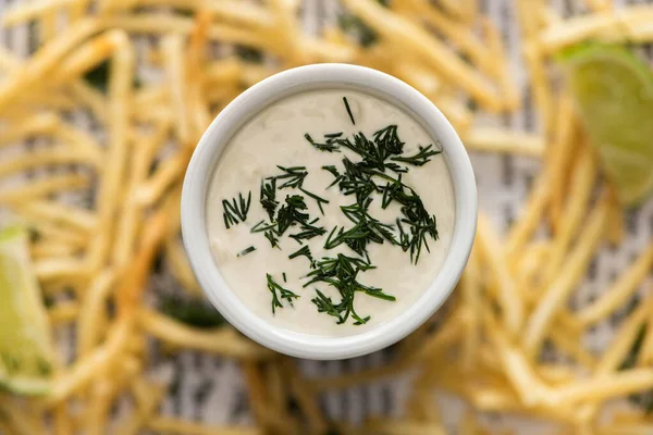 Selective Focus Creamy Garlic Sauce Dill Crispy French Fries — Stock Photo, Image