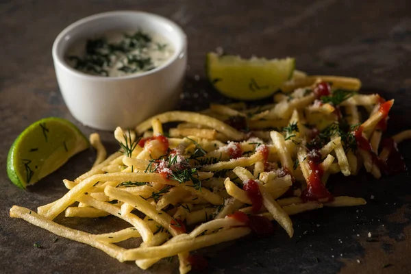 Selective Focus Tasty French Fries Ketchup Salt Dill Lime Garlic — Stock Photo, Image