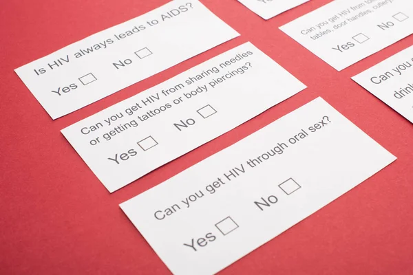 Paper Cards Hiv Questionnaire Red Background — Stock Photo, Image